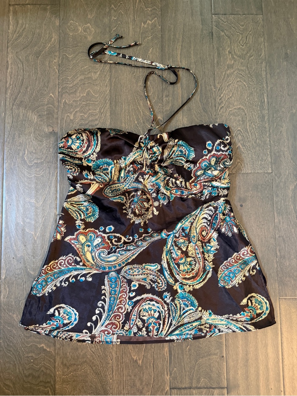 Style & Co. Black Paisley Satin Strapless Halter Top with Teal and Gold Accents